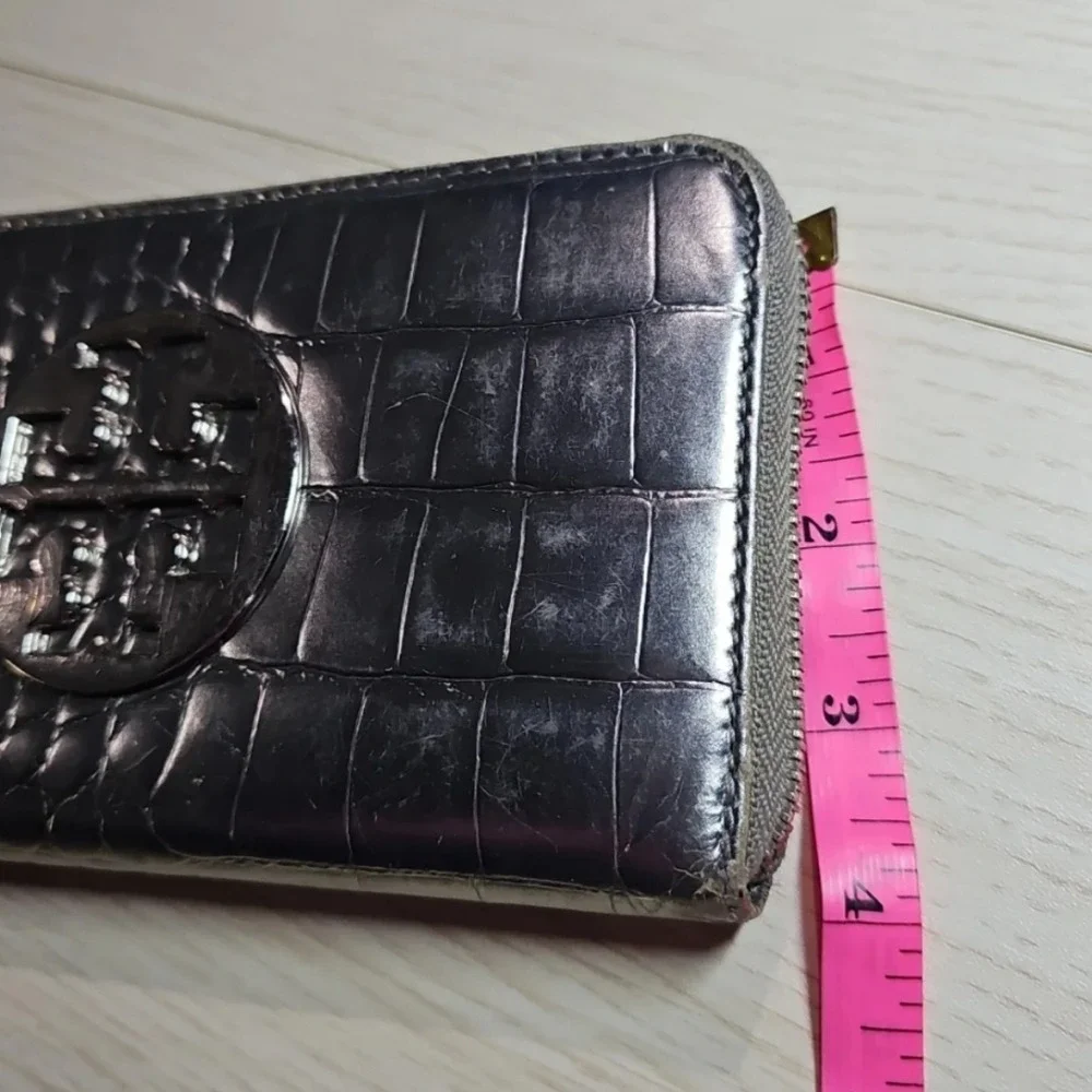 Tory Burch Leather Silver Metallic Croc Embossed Wallet